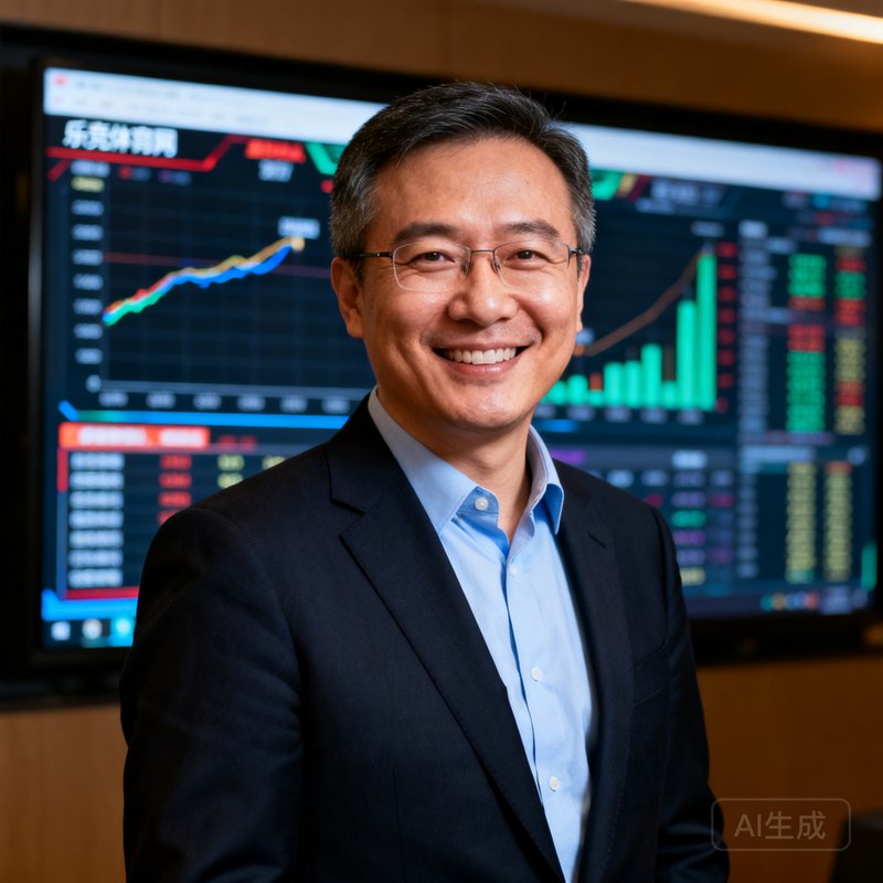 乐竞体育网创始人兼CEO赵远航，一位四十岁左右的中年男性，穿着深色西装搭配浅蓝衬衫，面带自信微笑，背景是公司的赛事数据大屏