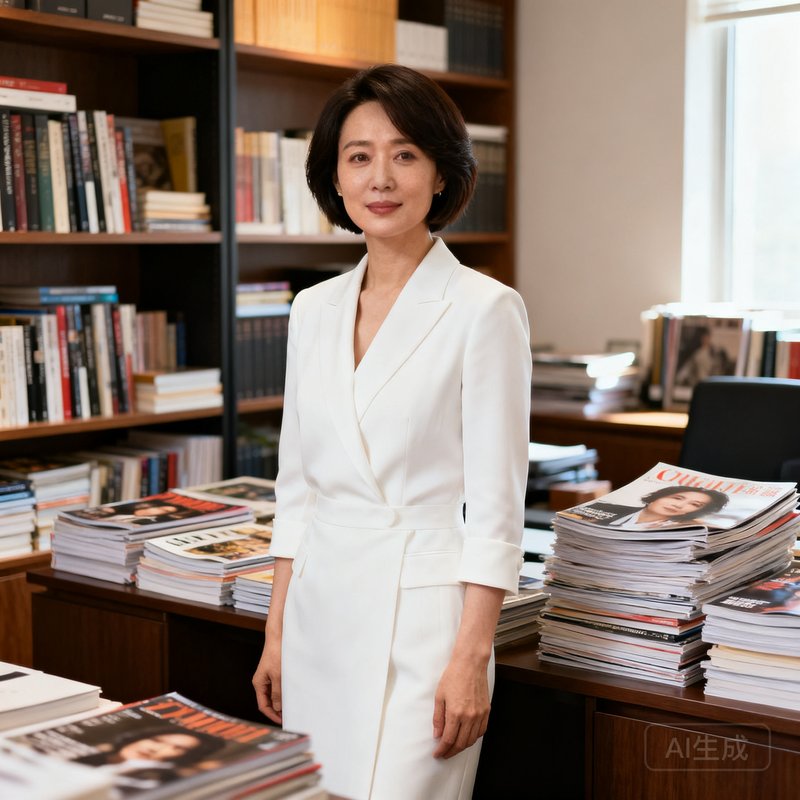 乐竞体育网联合创始人兼首席内容官林晓薇，一位三十多岁的女性，留着干练的短发，身着白色职业装，背景是充满书籍和杂志的编辑办公室